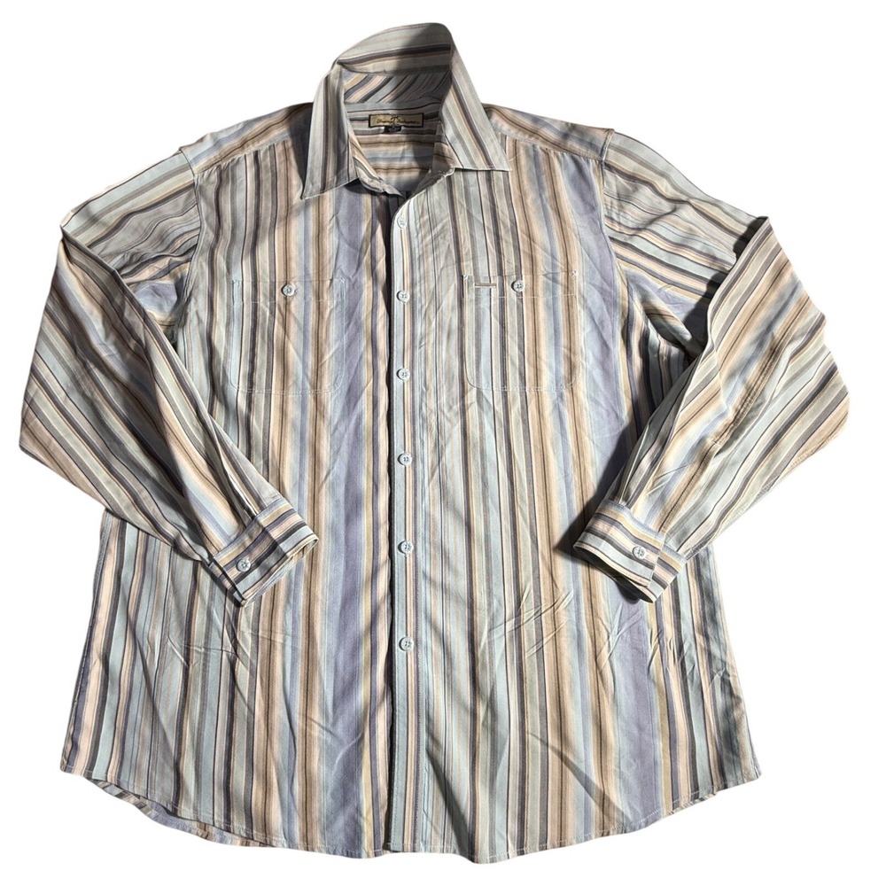 Tommy Bahama Mens XL 100% Silk Striped Long Sleeve Up Down Shirt Blue/Tan-1034